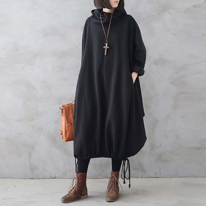 Hooded Cotton Drawstring Dress with Long Sleeves