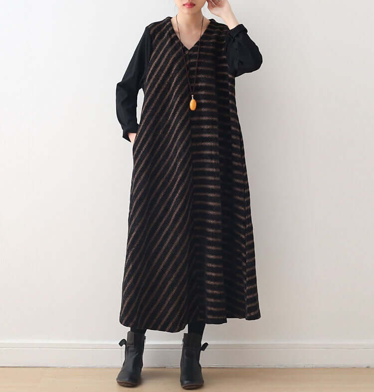 Spring Striped Knit V-Neck Wool Dress with Long Sleeves for Women