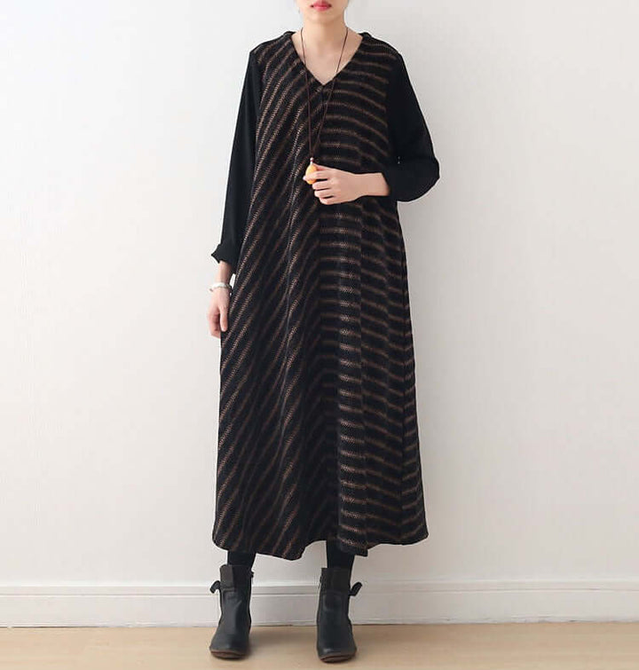 Spring Striped Knit V-Neck Wool Dress with Long Sleeves for Women