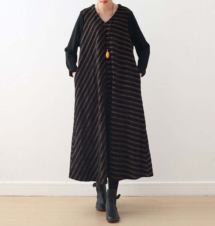 Elegant Spring Wool V-Neck Dress with Chic Stripes for Women