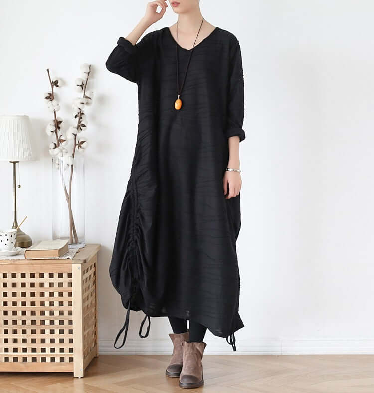 Elegant Black Cotton Dress with Asymmetrical Hem for Women