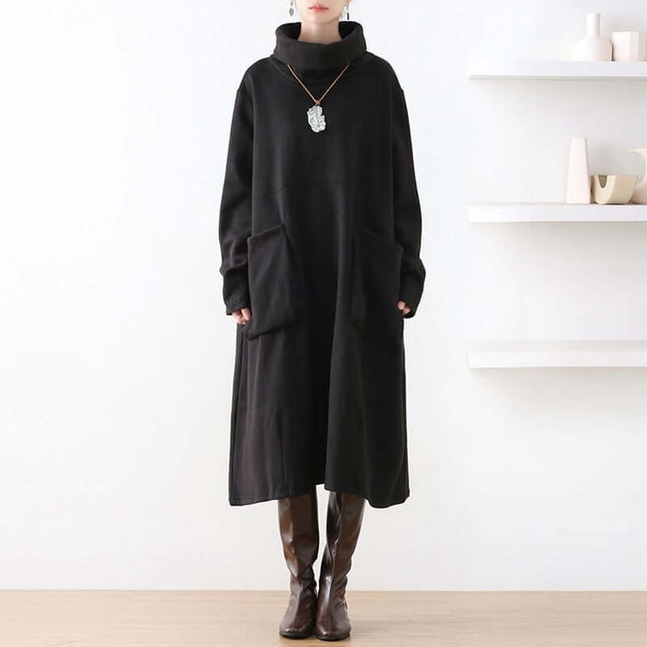 Elegant Black Cotton Turtleneck Dress with Pockets and A-line Silhouette for Women