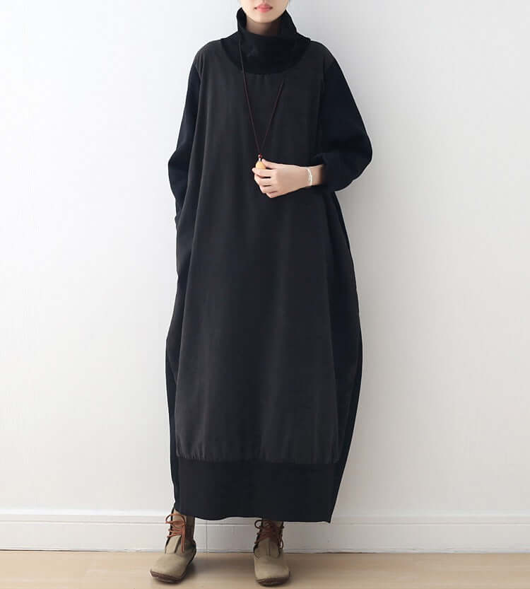 Women's Versatile Long Sleeve Cotton Turtleneck Sweater Dress in Black
