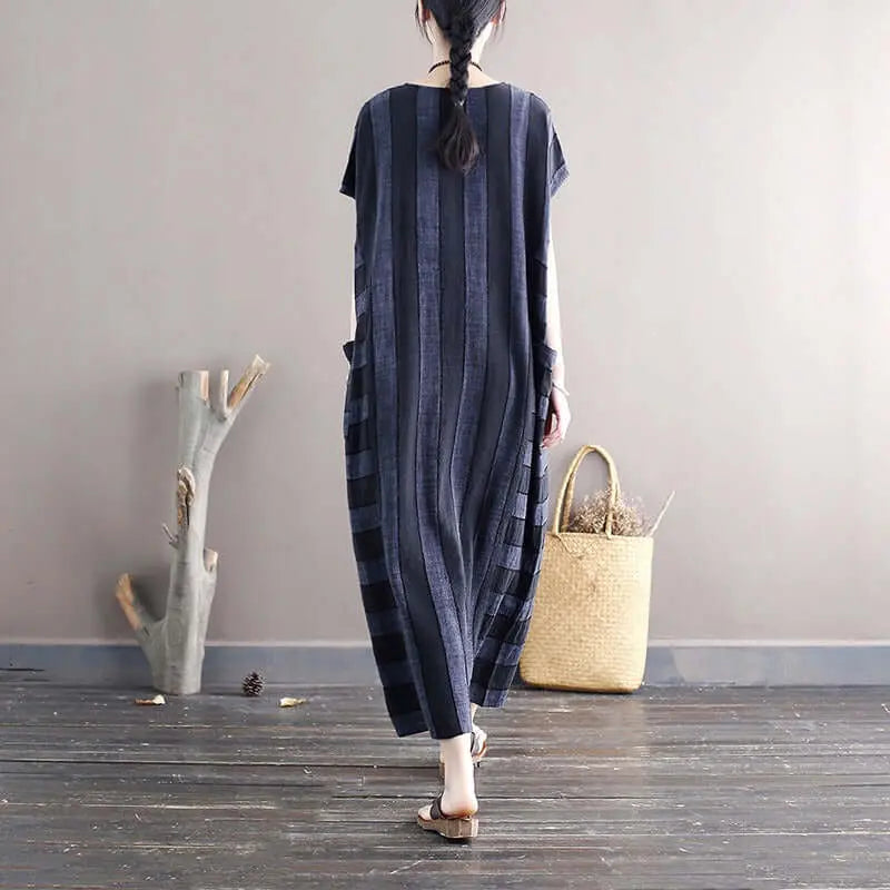 Retro Striped Linen Summer Dress with Pockets Thebesttailor