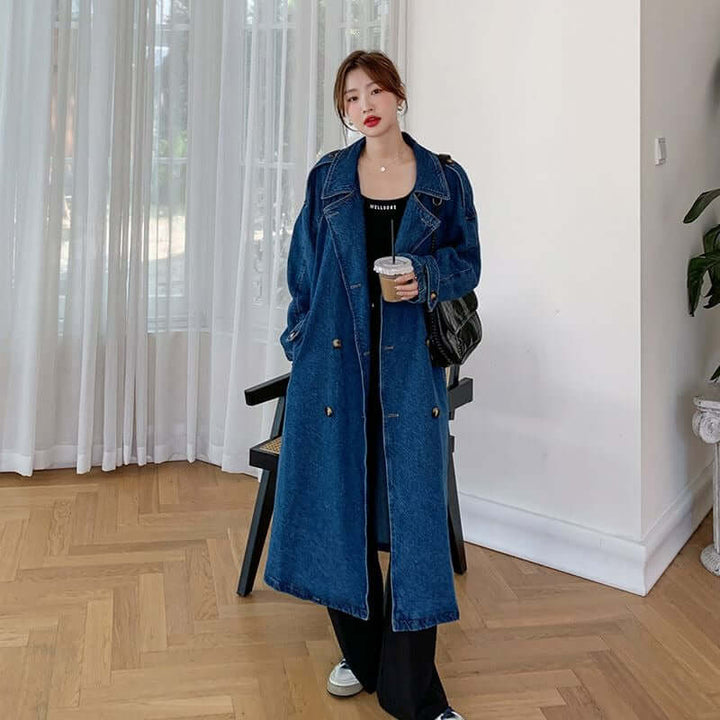 Women's Denim Windbreaker Coat with Belt and Relaxed Fit