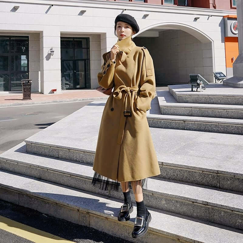 Women's Elegant Camel Wool Long Coat for Winter - Stylish and Warm Coat Gift for Her