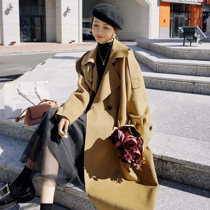 Women's Elegant Camel Wool Long Coat for Winter - Stylish and Warm Coat Gift for Her