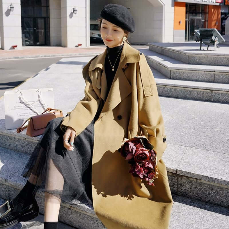 Chic Camel Wool Long Coat - Luxurious Winter Fashion Piece