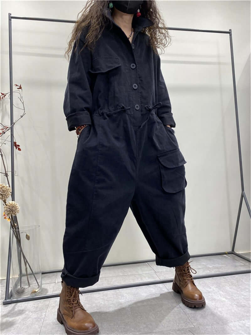 Denim Jumpsuit with Sleeves and Pockets for Women