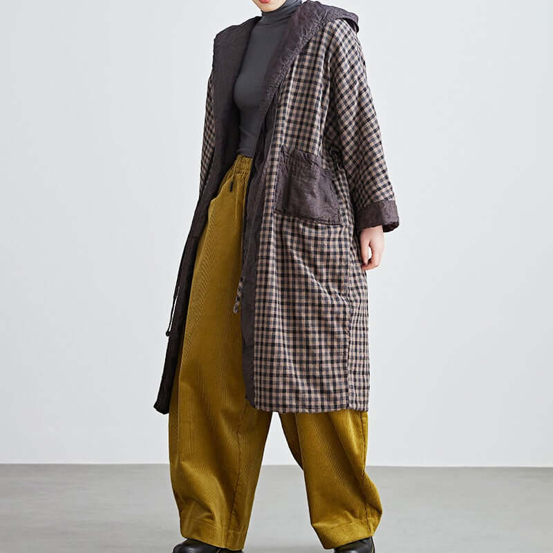 Linen Plaid Hooded Cotton Robe for Women
