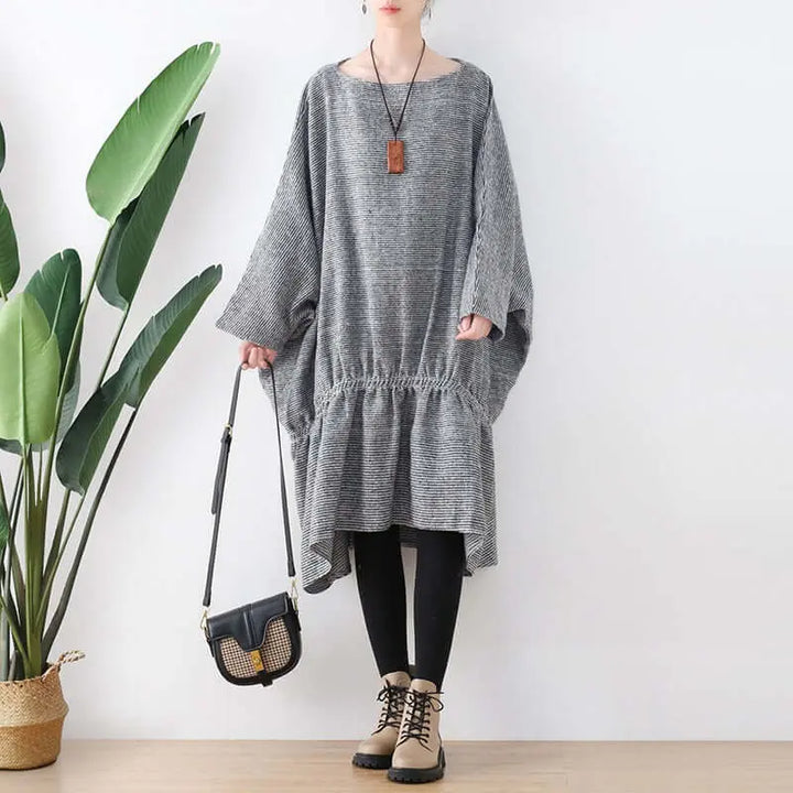 Springtime Chic: Gray Cotton Bat Sleeve Midi Oversized Dress Thebesttailor