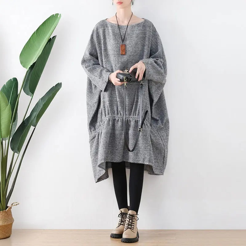 Springtime Chic: Gray Cotton Bat Sleeve Midi Oversized Dress Thebesttailor