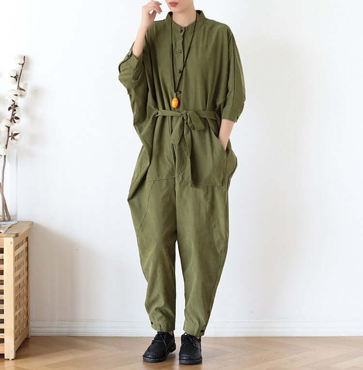 Women's Stylish Wrap Jumpsuit with Three Quarter Sleeves and Drop Crotch Style