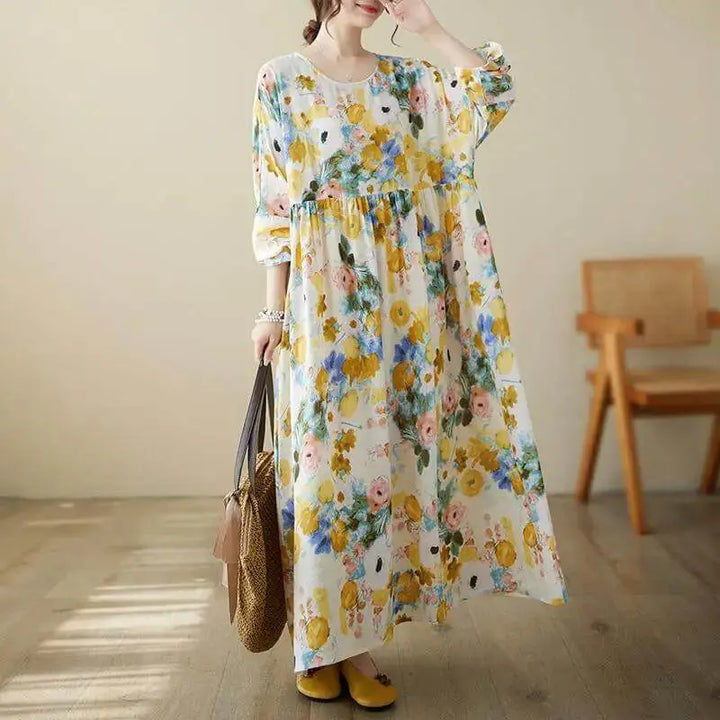 Women's Loose Fit Bohemian Yellow Floral Cotton Summer Dress