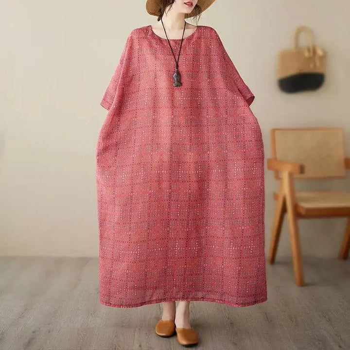 Women's Loose-Fit Linen Bohemian Red Plaid Maxi Dress with Half Sleeves Thebesttailor