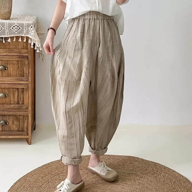 Women's Loose Fit Elastic Waist Linen Harem Pants with Pockets