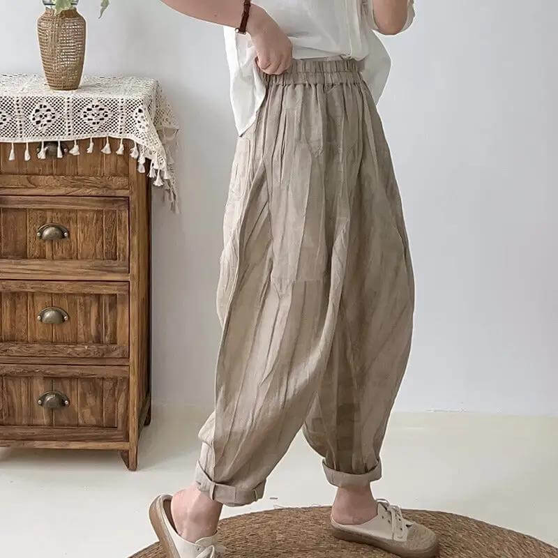 Women's Loose Fit Elastic Waist Linen Harem Pants with Pockets