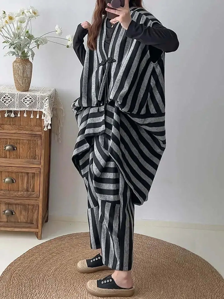 Women's spring woolen black and gray striped unclosed personalized vest woolen harem pants suit