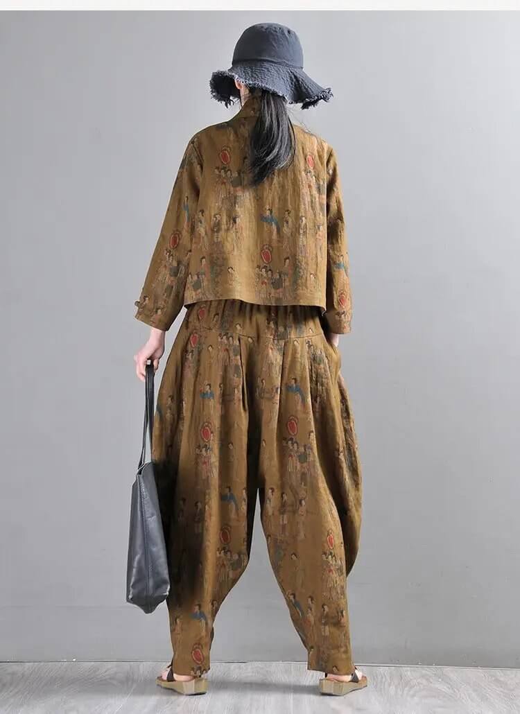 Earthy Yellow Linen Harem Pants and Short Jacket Suit for Women with Maid Pattern