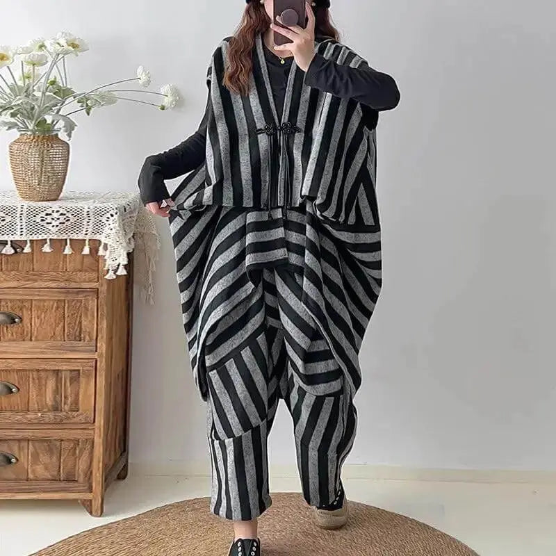 Women's spring woolen black and gray striped unclosed personalized vest woolen harem pants suit