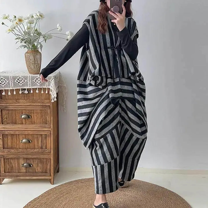 Women's spring woolen black and gray striped unclosed personalized vest woolen harem pants suit