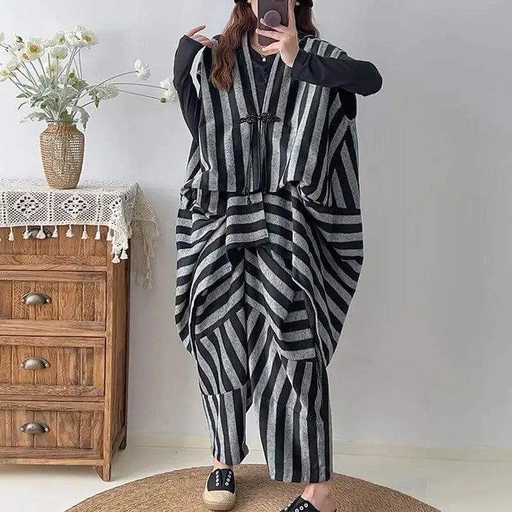 Women's spring woolen black and gray striped unclosed personalized vest woolen harem pants suit