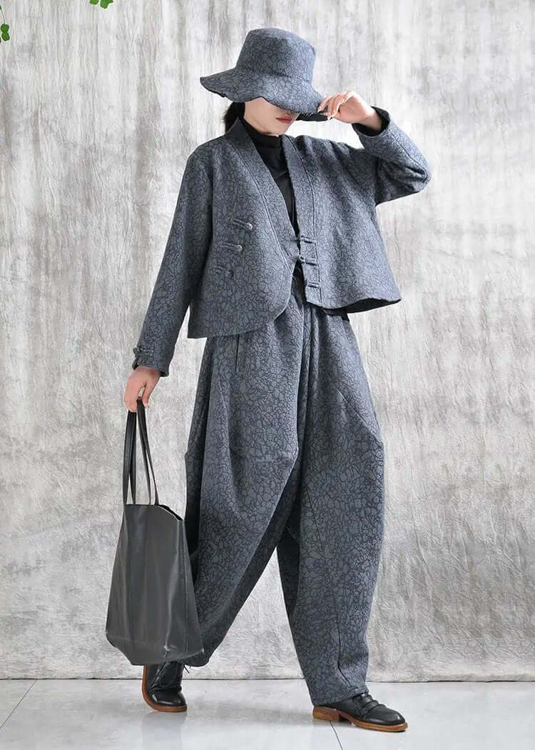Gray Cotton Harem Pants Daily Short Jacket Suit for Women in Spring and Autumn