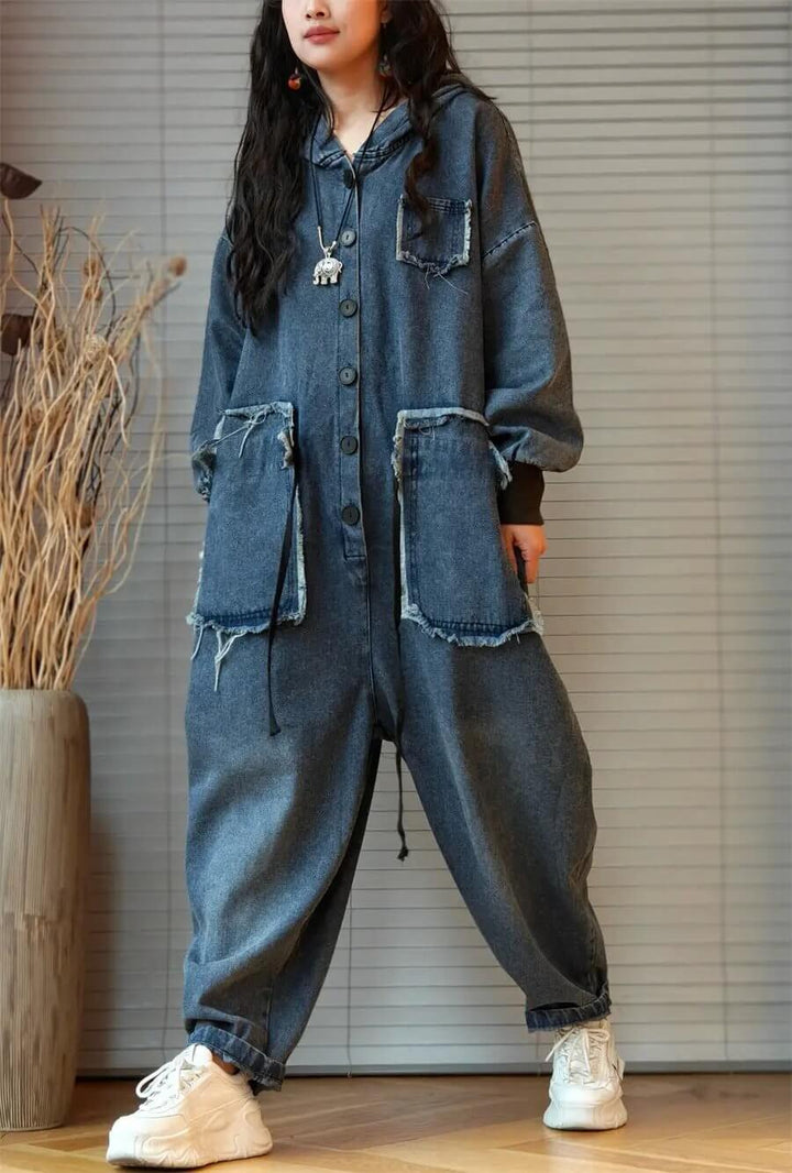Blue Cotton Denim Jumpsuit for Women with Long Sleeves