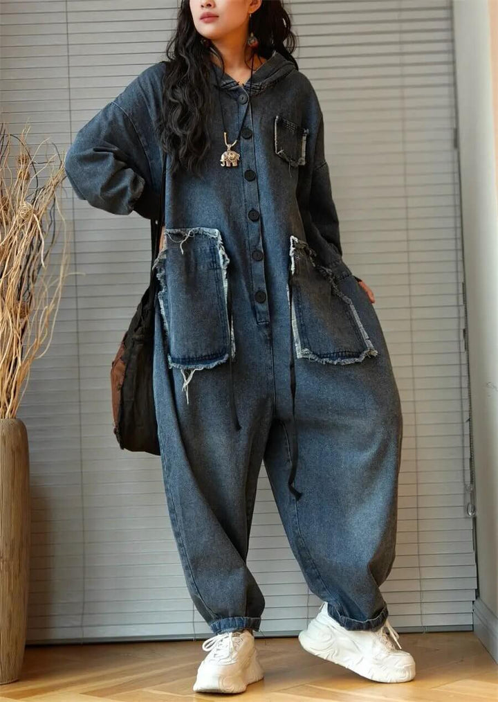 Blue Cotton Denim Jumpsuit for Women with Long Sleeves