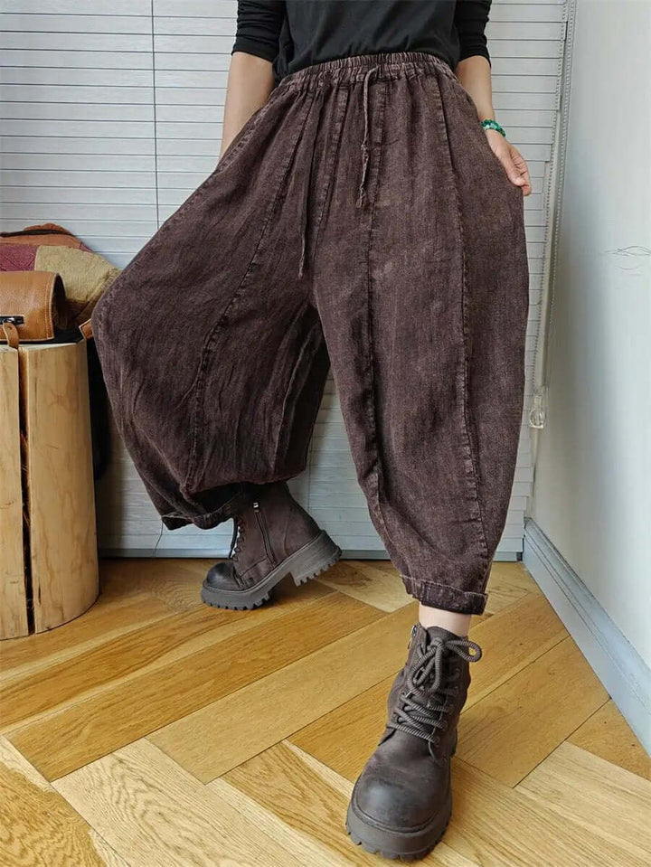 Spring Vintage Linen Elastic Waist Pumpkin Pants for Women