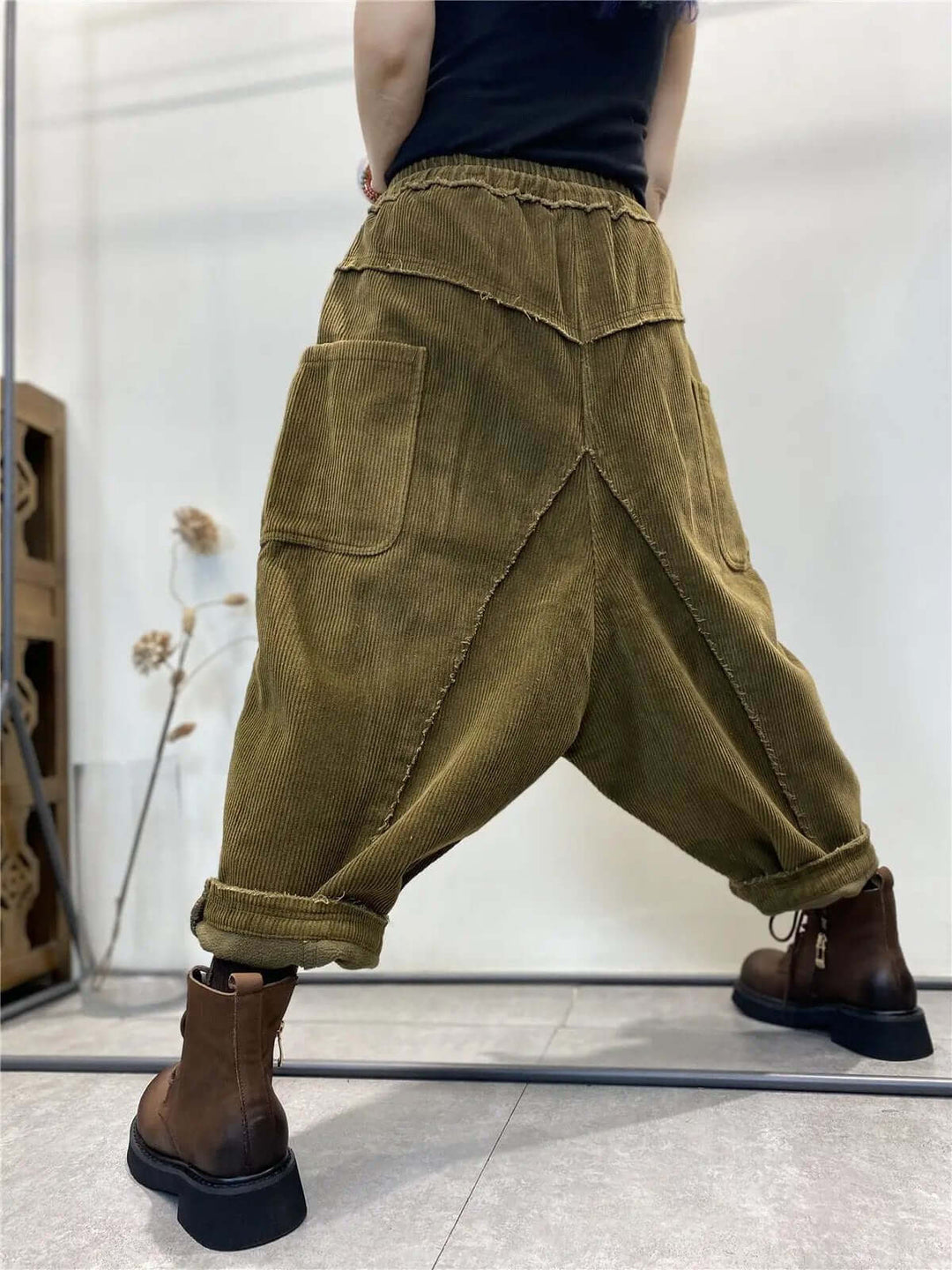 Women's Vintage Custom Corduroy Relaxed Fit Elastic Waist Casual Baggy Trousers