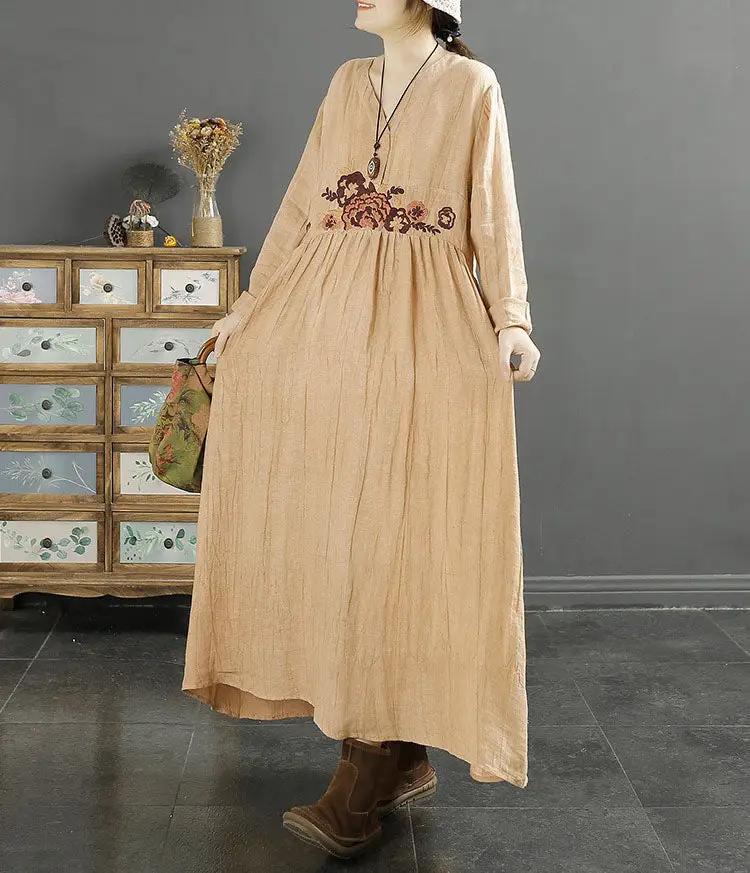 Embroidered V-Neck Linen Maxi Dress for Summer Leisure