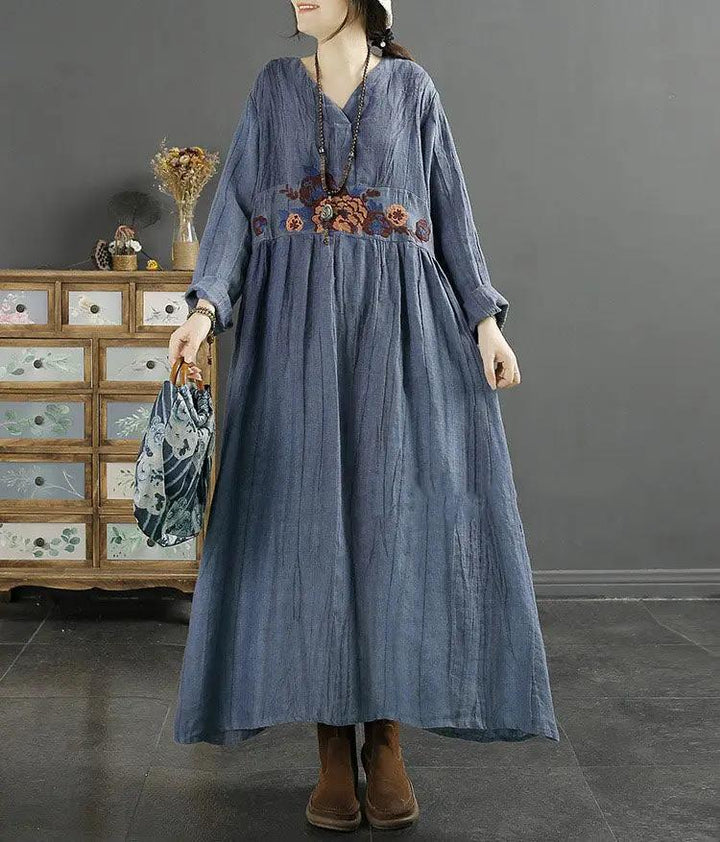 Embroidered V-Neck Linen Maxi Dress for Summer Leisure