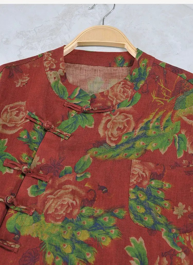 Floral Linen Stand Collar Shirt + Bloomers Set for Women