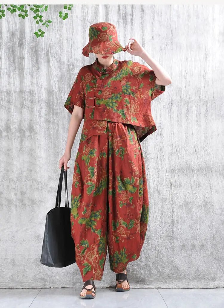 Floral Linen Stand Collar Shirt + Bloomers Set for Women