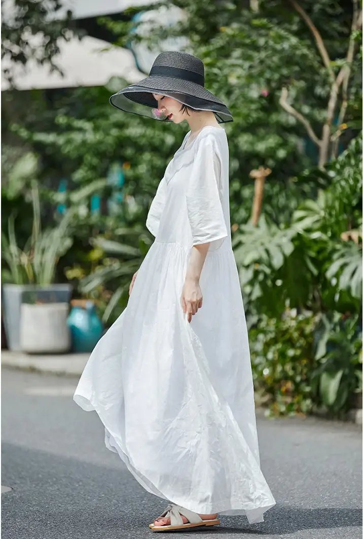 Elegant White Linen Summer Dress for Women with 3/4 Sleeves