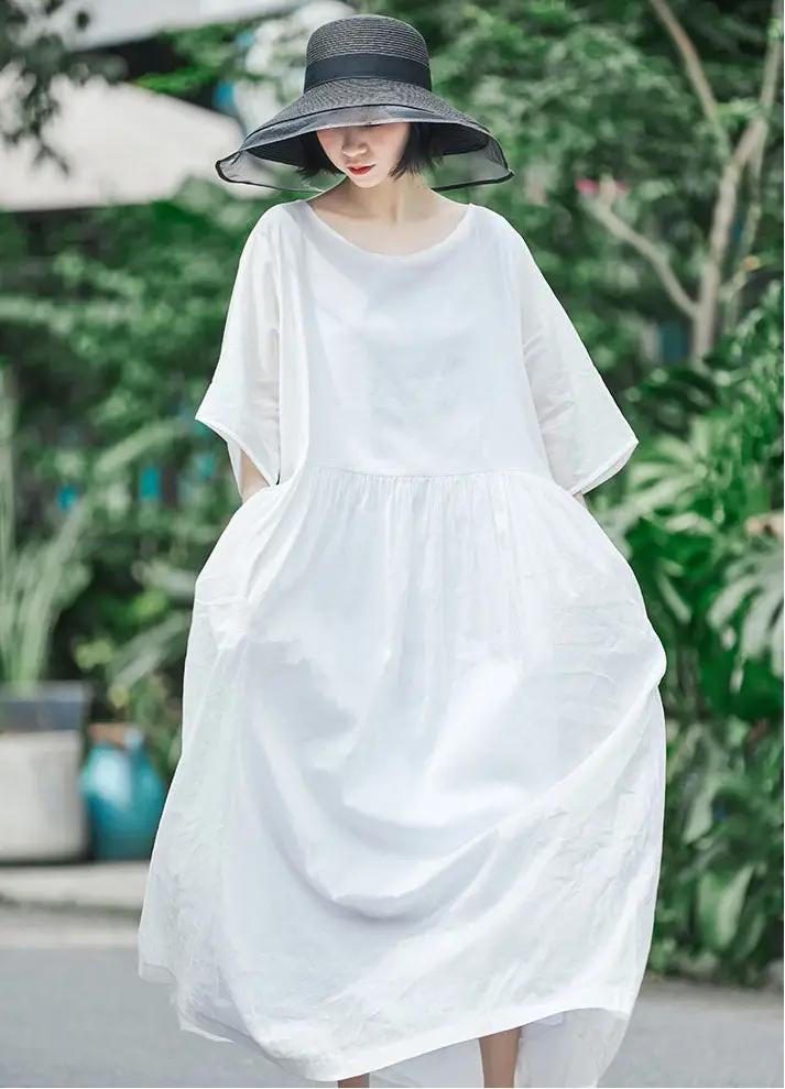 Elegant White Linen Summer Dress for Women with 3/4 Sleeves