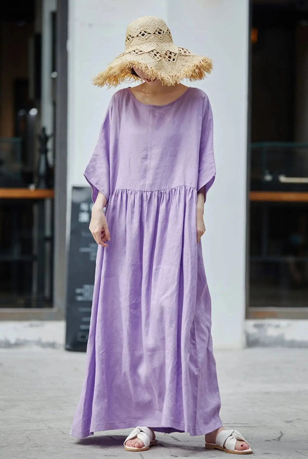 Purple Linen Maxi Dress with Batwing Sleeves for Women Thebesttailor