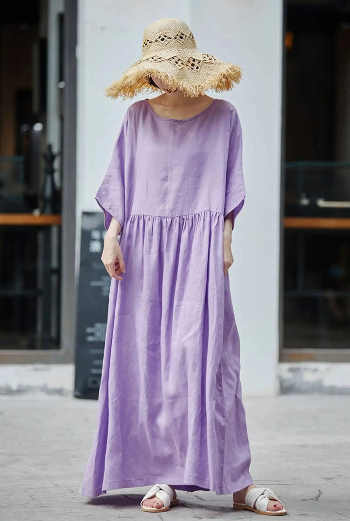 Purple Linen Maxi Dress with Batwing Sleeves for Women