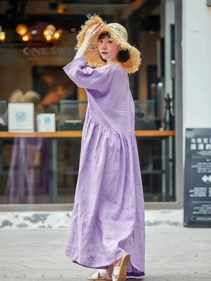 Purple Linen Maxi Dress with Batwing Sleeves for Women Thebesttailor