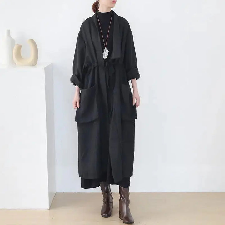 Stylish Lace-Up Black Cotton Trench Coat for Plus Size Women