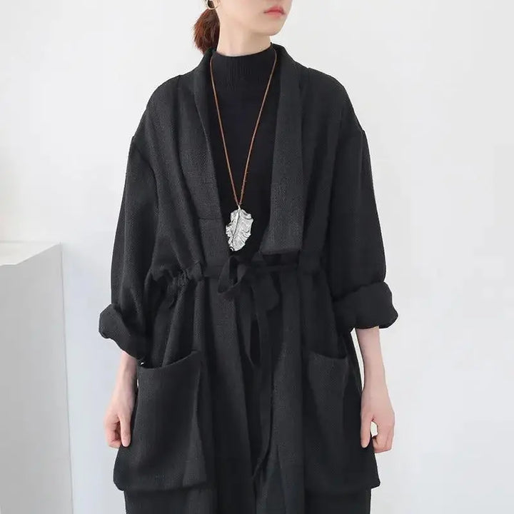 Stylish Lace-Up Black Cotton Trench Coat for Plus Size Women
