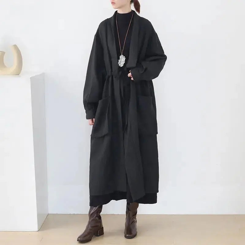 Stylish Lace-Up Black Cotton Trench Coat for Plus Size Women