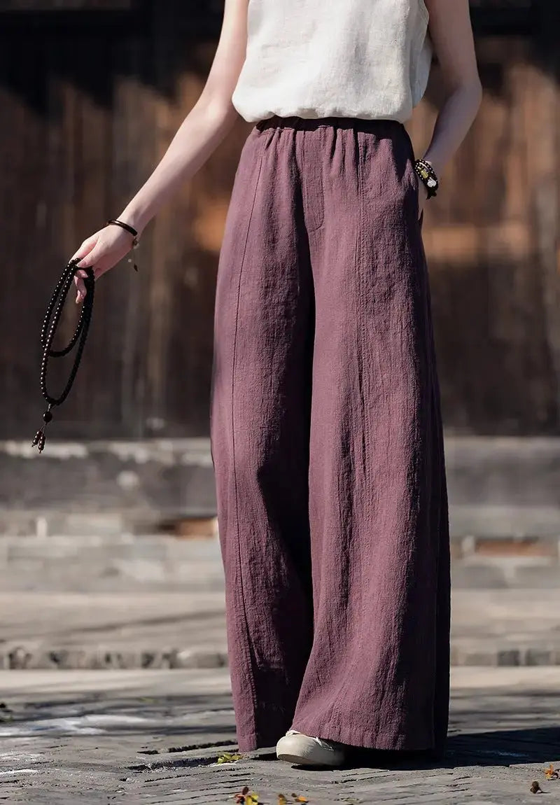 Artistic Retro Linen Wide-Leg Palazzo Trousers for Women