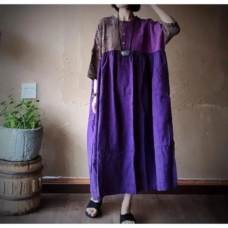 Retro Floral Linen Maxi Dress with Color Matching Details