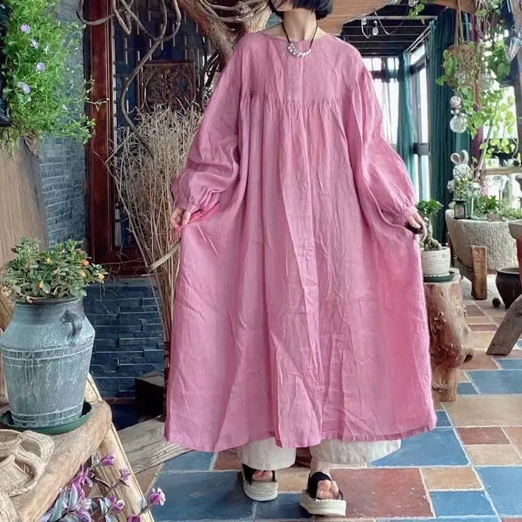 Retro Pink Linen Kaftan Maxi Dress with Pockets for Women Thebesttailor