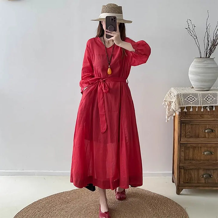 Red Linen Dress V-Neck Wrap Dress with 3/4 Sleeves Thebesttailor