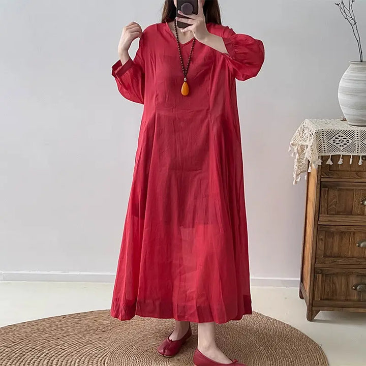 Red Linen Dress V-Neck Wrap Dress with 3/4 Sleeves Thebesttailor