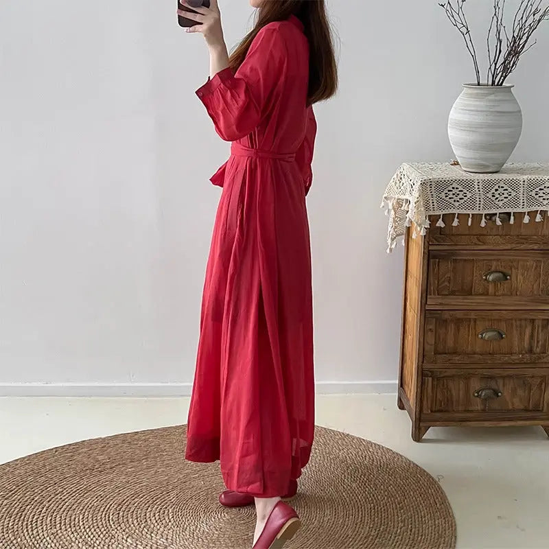 Red Linen Dress V-Neck Wrap Dress with 3/4 Sleeves Thebesttailor