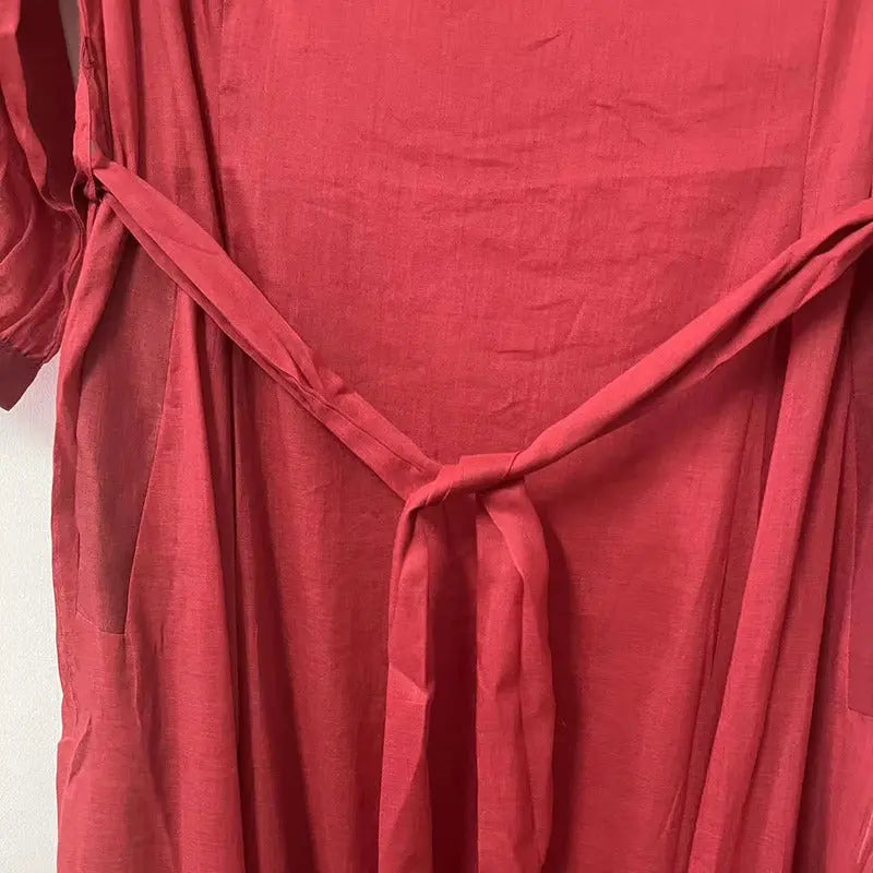 Red Linen Dress V-Neck Wrap Dress with 3/4 Sleeves Thebesttailor